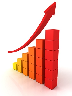 Growing red orange  bar chart graph and rising arrow